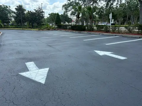 Newly sealed asphalt with drainage grate visible in Cape Coral